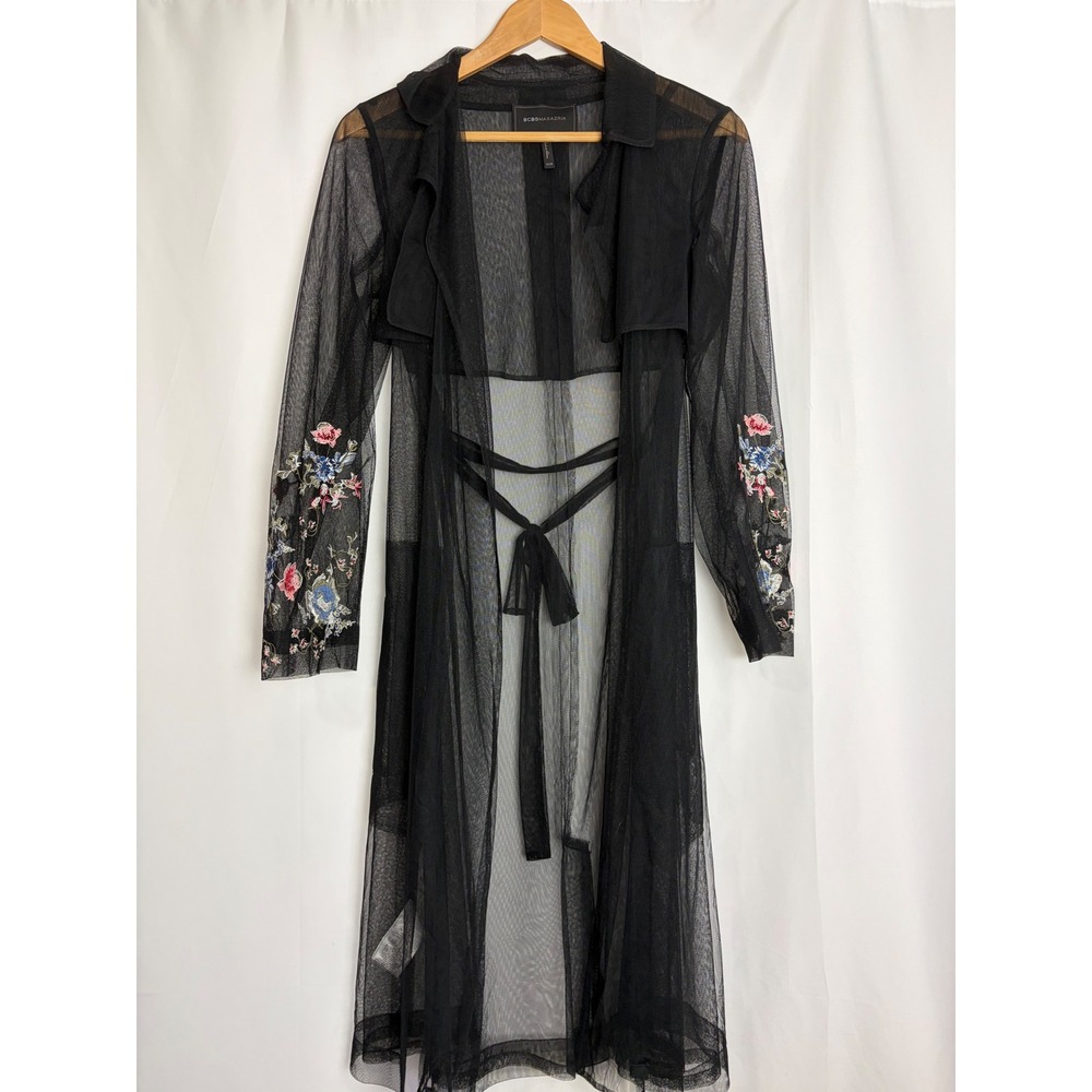 Whimsigoth Black Sheer Mesh Embroidered Witchy Floral Trench Coat Duster XXS